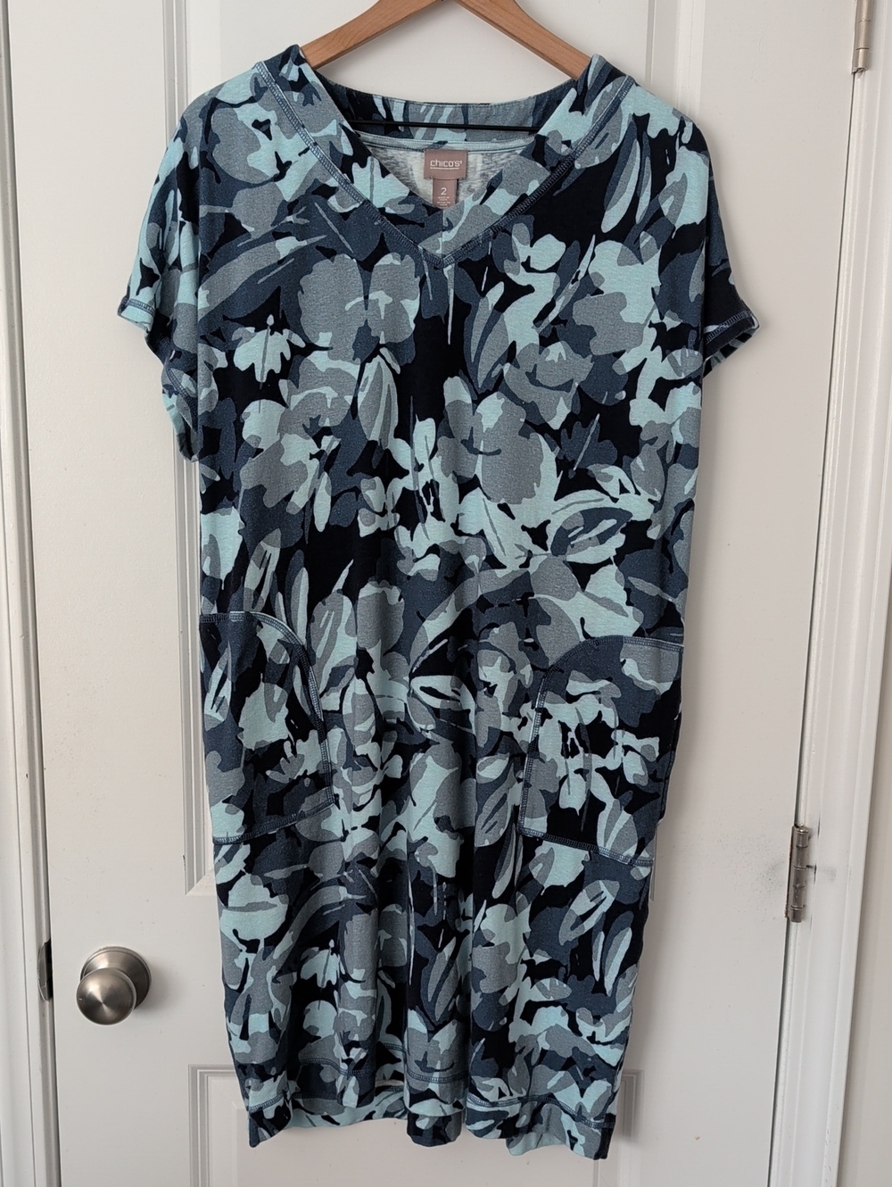 Chico's T-shirt Dress Floral Camo Print With Pockets Size 2 Or Large